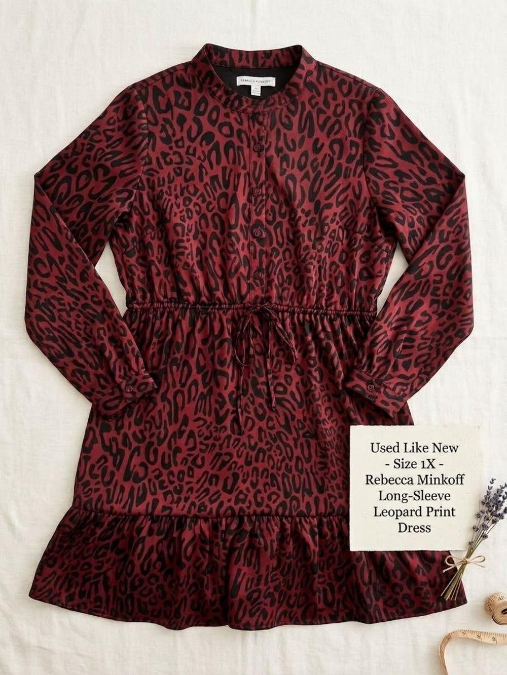 Rebecca Minkoff Burgundy & Black Leopard-Print Long Sleeve Drawstring Dress